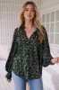 Clara Blouse - Button Down Mandarin Collar Blouse in Emerald Print sold by Salty Crush