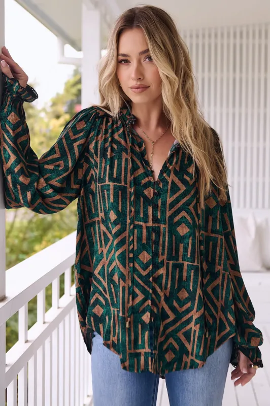 Clara Blouse - Button Down Mandarin Collar Blouse in Emerald Print sold by Salty Crush