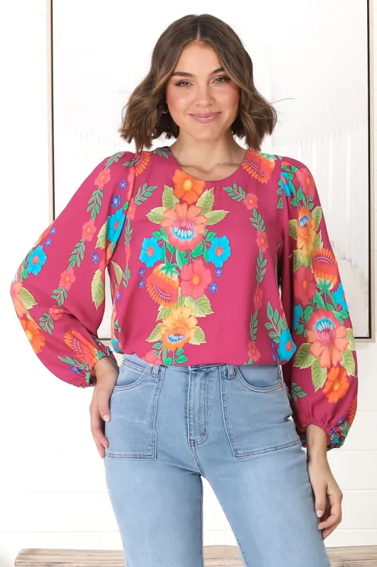 Celle Blouse - Pull Over Top with Long Balloon Sleeves in Octavia Print sold by Salty Crush