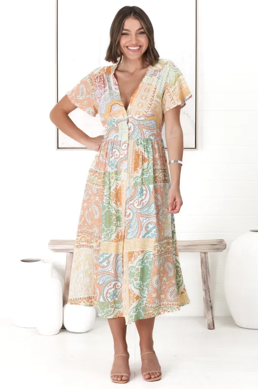 Anais Midi Dress - Cap Flutter Sleeve Button Down A Line Dress in Amanda Print sold by Salty Crush