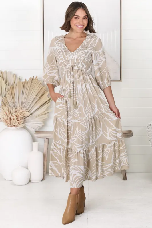 Jaden Midi Dress - Elasticated Bodice A-Line Dress in Jeani Print Beige sold by Salty Crush