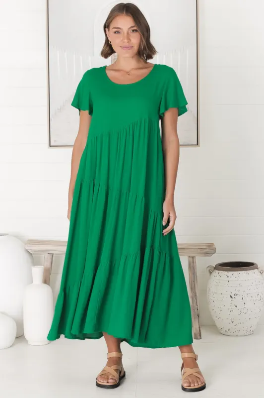 Allegra Midi Dress - Relaxed Asymmetric Tiered Linen Smock Dress in Green sold by Salty Crush