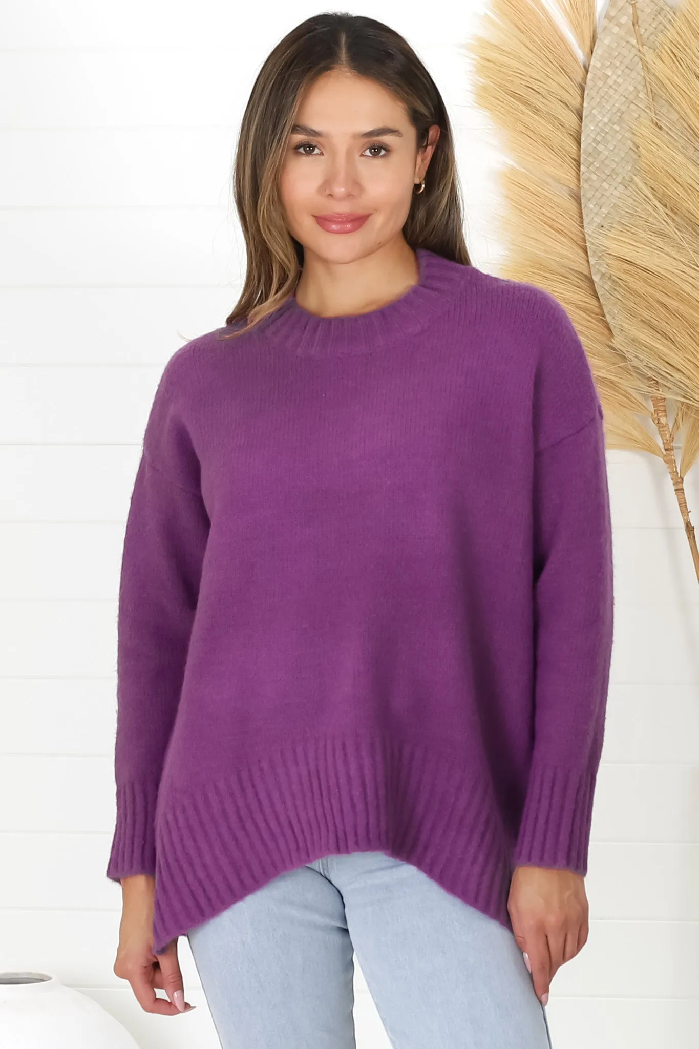 Sammy Jumper - Crew Neck Ribbed Shark Bite Hemline Jumper in Purple sold by Salty Crush