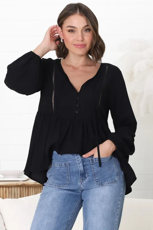 Alexia Top - V Neck Smock Top With Crochet Insert Details In Black sold by Salty Crush