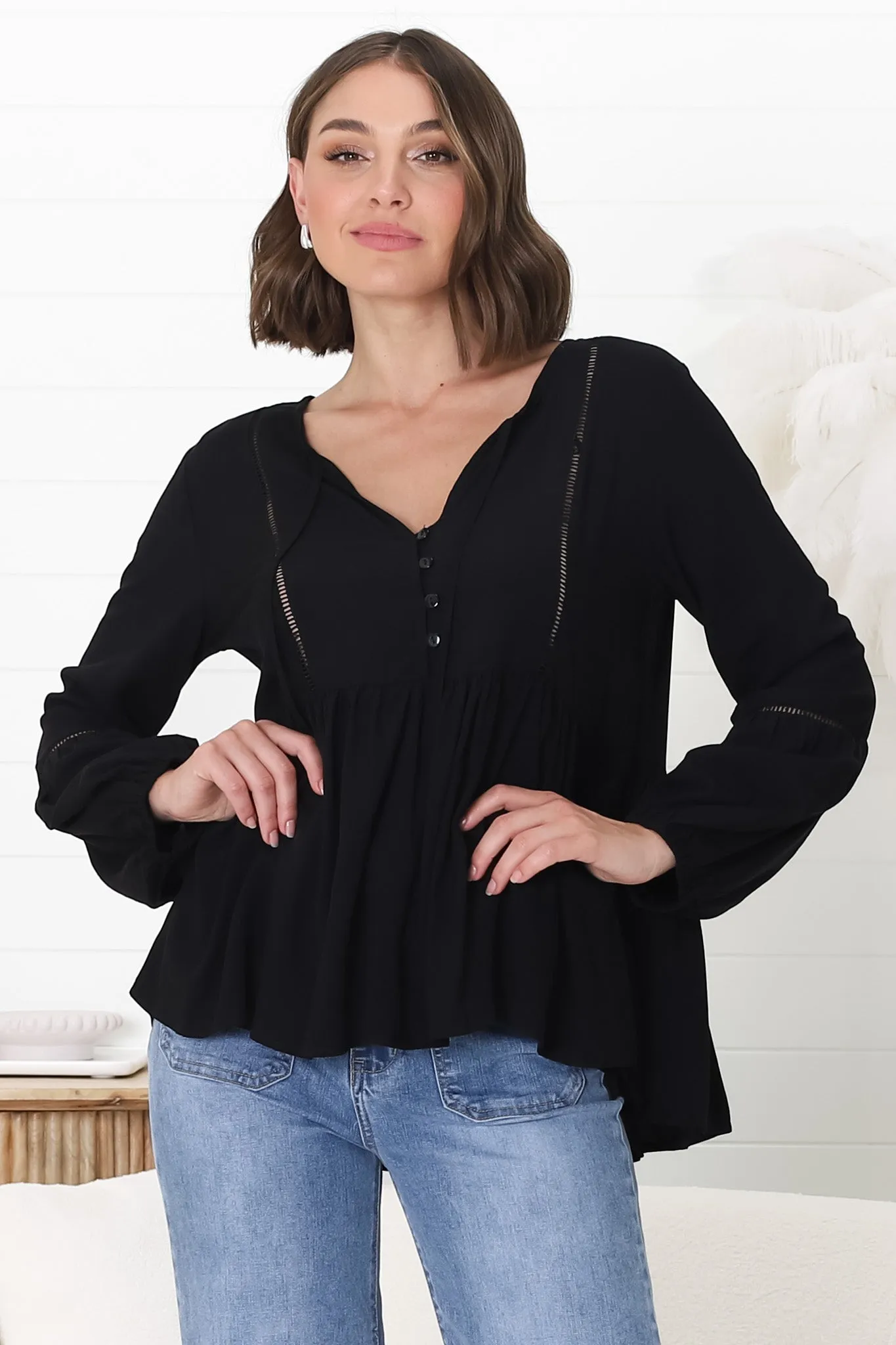 Alexia Top - V Neck Smock Top With Crochet Insert Details In Black sold by Salty Crush product image thumbnail 5