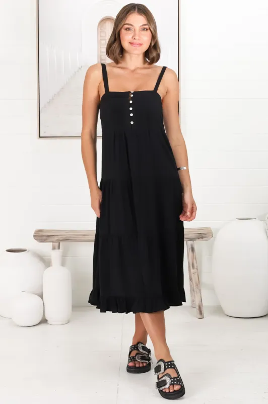 Ayala Midi Dress - Square Neckline Tiered Sun Dress in Black sold by Salty Crush