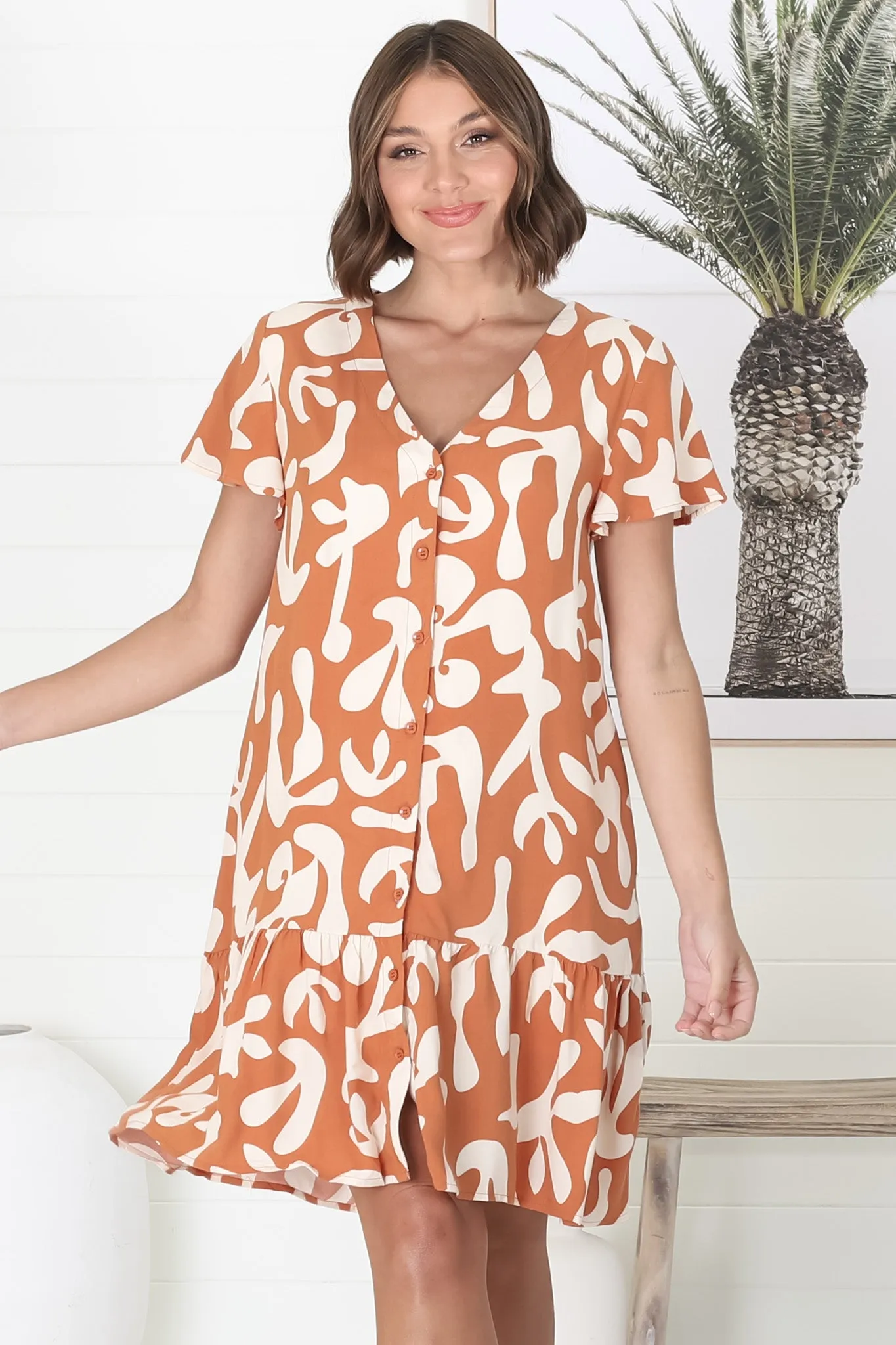 Jaxie Mini Dress - V Neck Button Down Cap Sleeve Dress in Rust sold by Salty Crush product image thumbnail 5