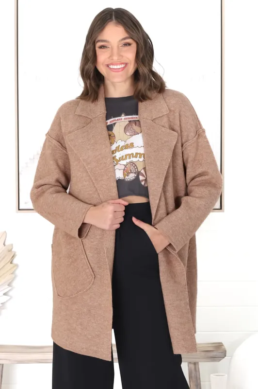 Kierce Cardigan - Folded Lapel Collar Coatigan with Pockets in Tan sold by Salty Crush