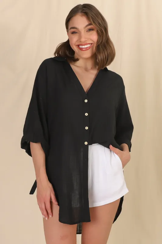Beachly Shirt - Folded Collar Button Down Relaxed Shirt In Black sold by Salty Crush