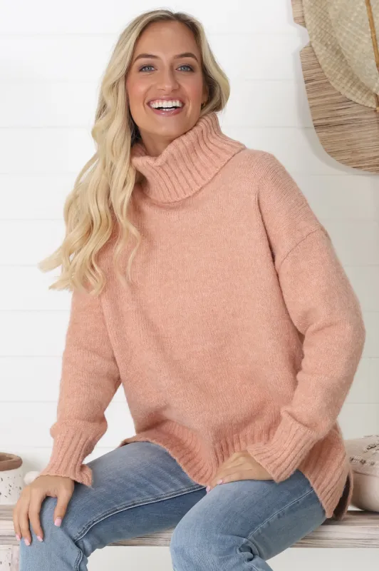 Harlie Jumper - Turtle Neck High-Low Hem Jumper in Peach sold by Salty Crush