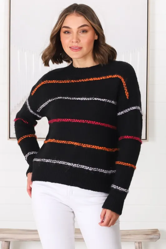 Fletcher Knit Jumper - Crew Neck Multi Colour Stripe Knit in Black sold by Salty Crush