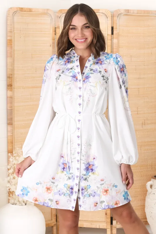 Danny Mini Dress - Mandarin Collar Buttoned Down Dress in Peony Print sold by Salty Crush