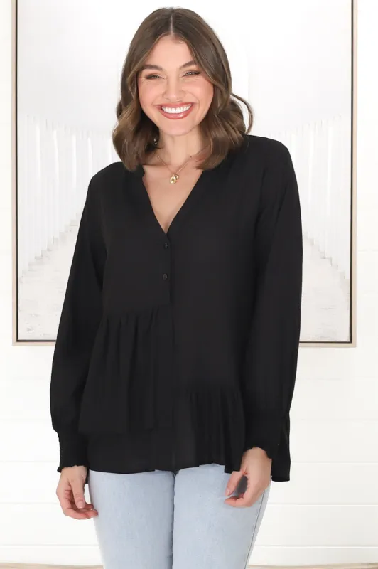 Nell Linen Top - A-Symmetric Detailed Button Down Shirt in Black sold by Salty Crush