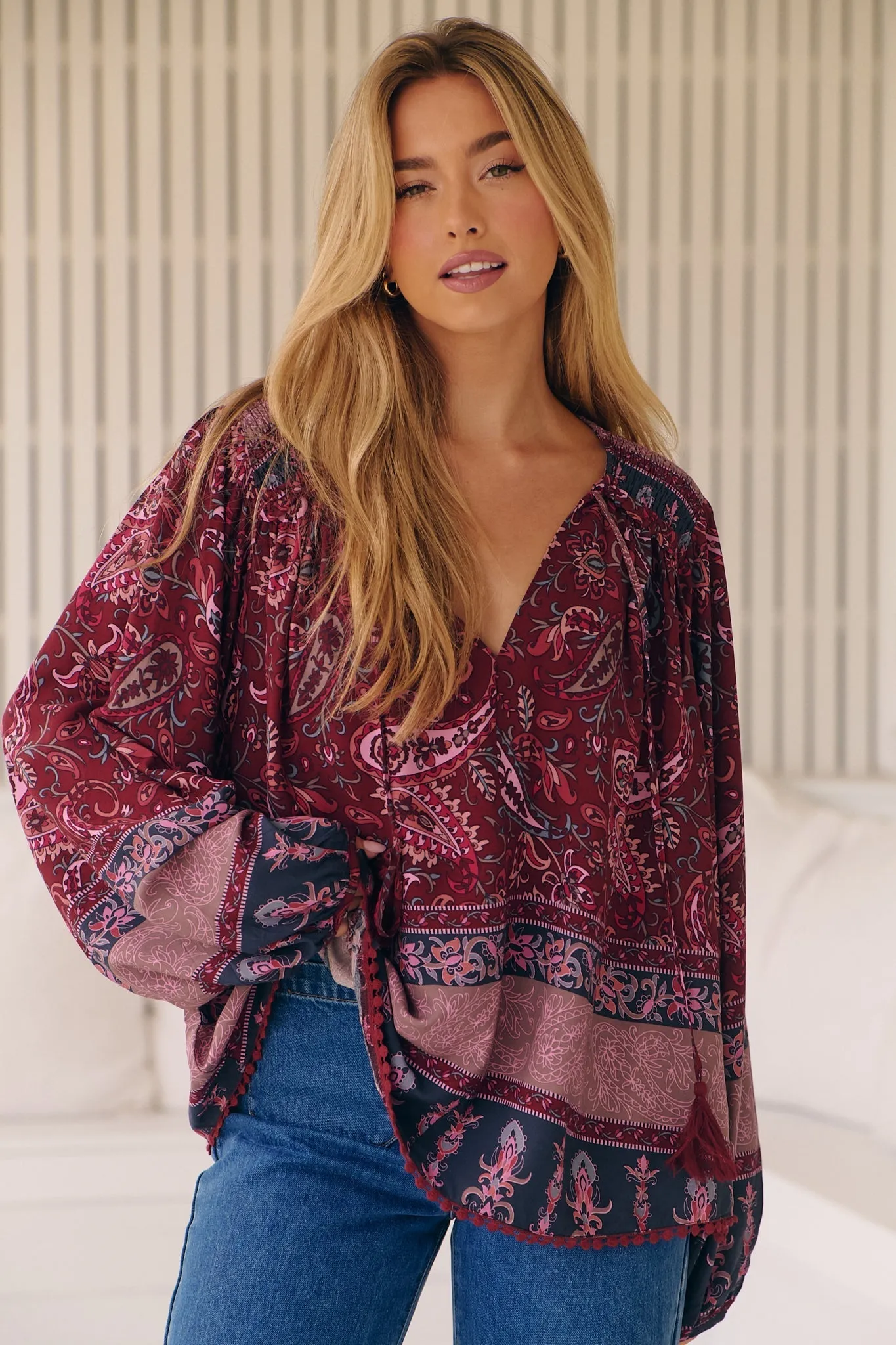 Rue Top - V Neck Smock Top with Crochet Trim in Sadie Print sold by Salty Crush