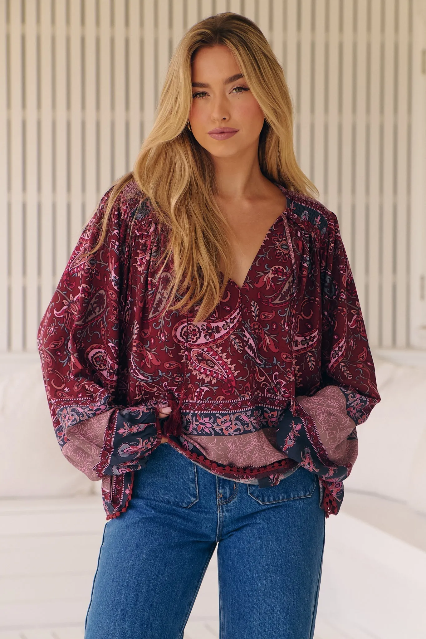 Rue Top - V Neck Smock Top with Crochet Trim in Sadie Print sold by Salty Crush product image thumbnail 5