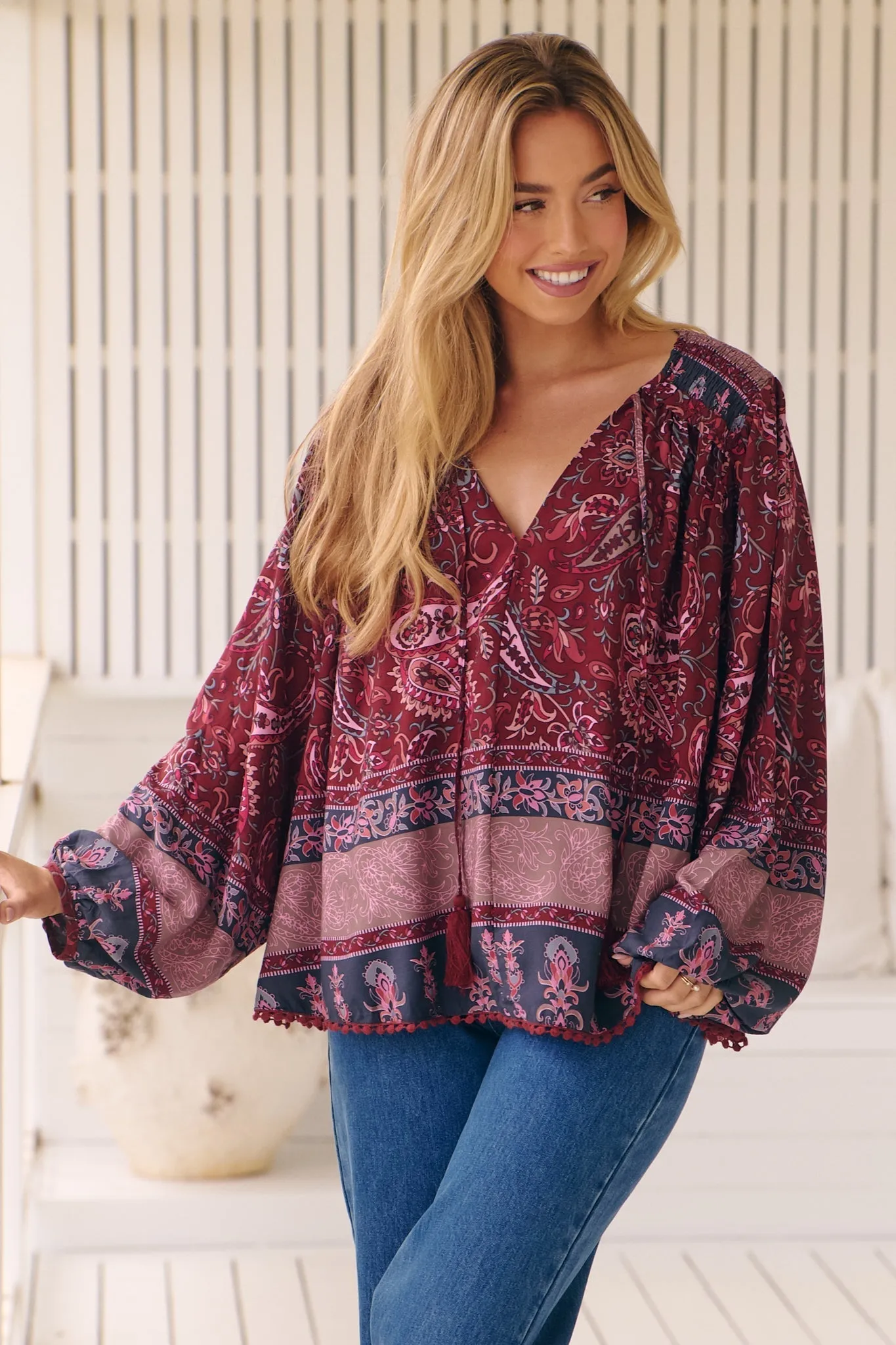 Rue Top - V Neck Smock Top with Crochet Trim in Sadie Print sold by Salty Crush product image thumbnail 2