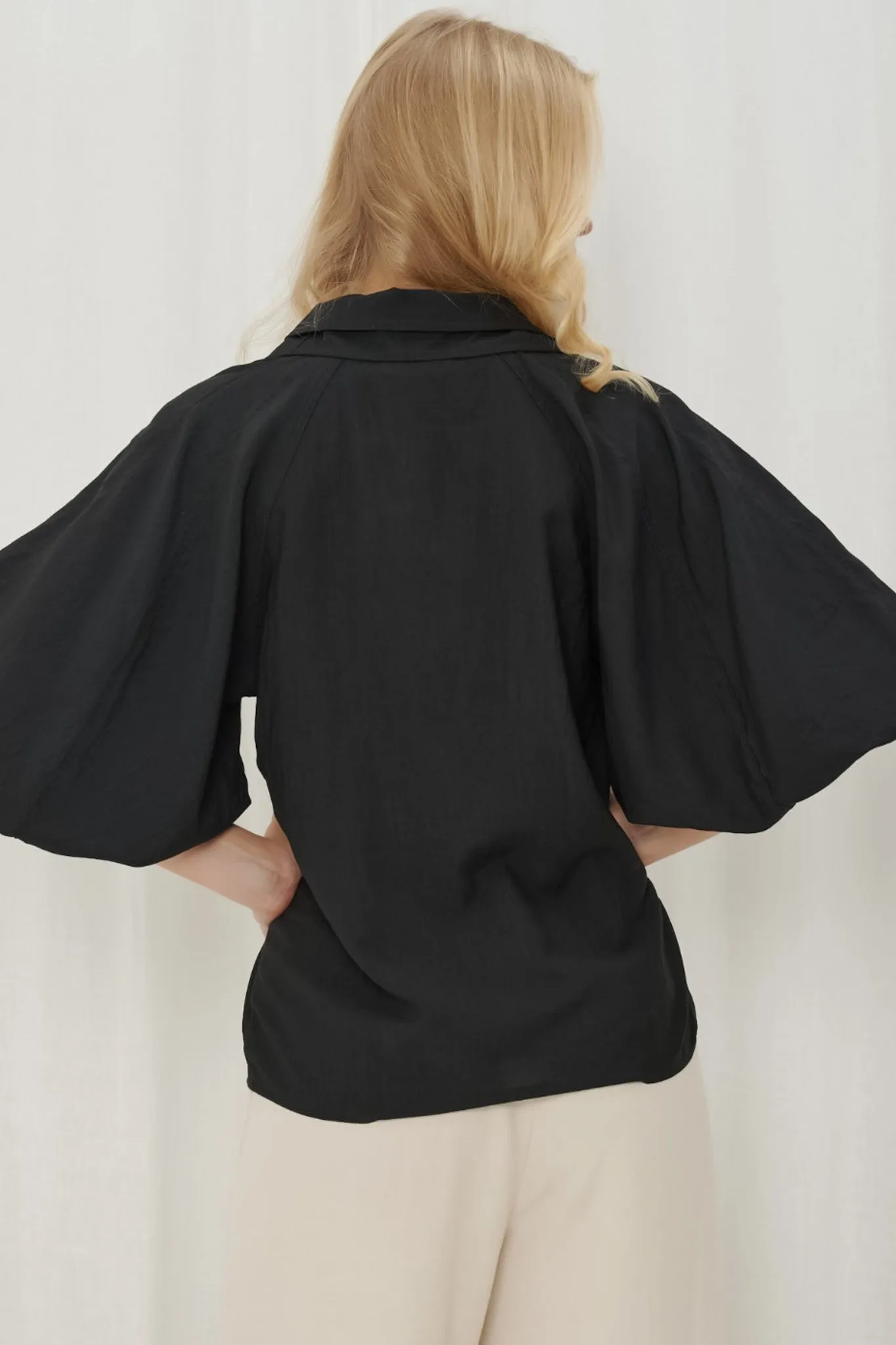 Marina Blouse - Double Folded Collar Oversized Billow Sleeve Button Down in Black sold by Salty Crush product image thumbnail 5