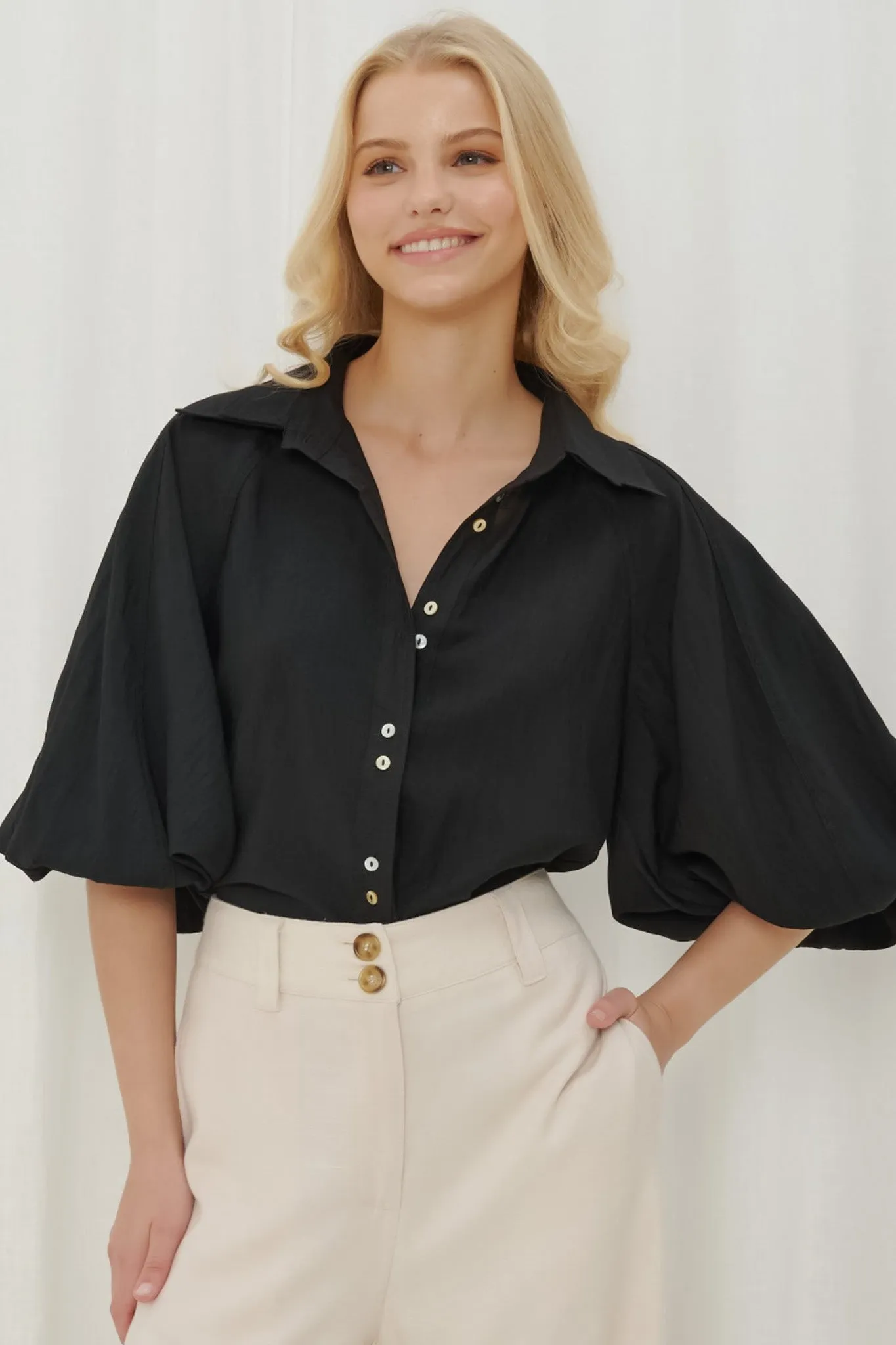 Marina Blouse - Double Folded Collar Oversized Billow Sleeve Button Down in Black sold by Salty Crush product image thumbnail 2
