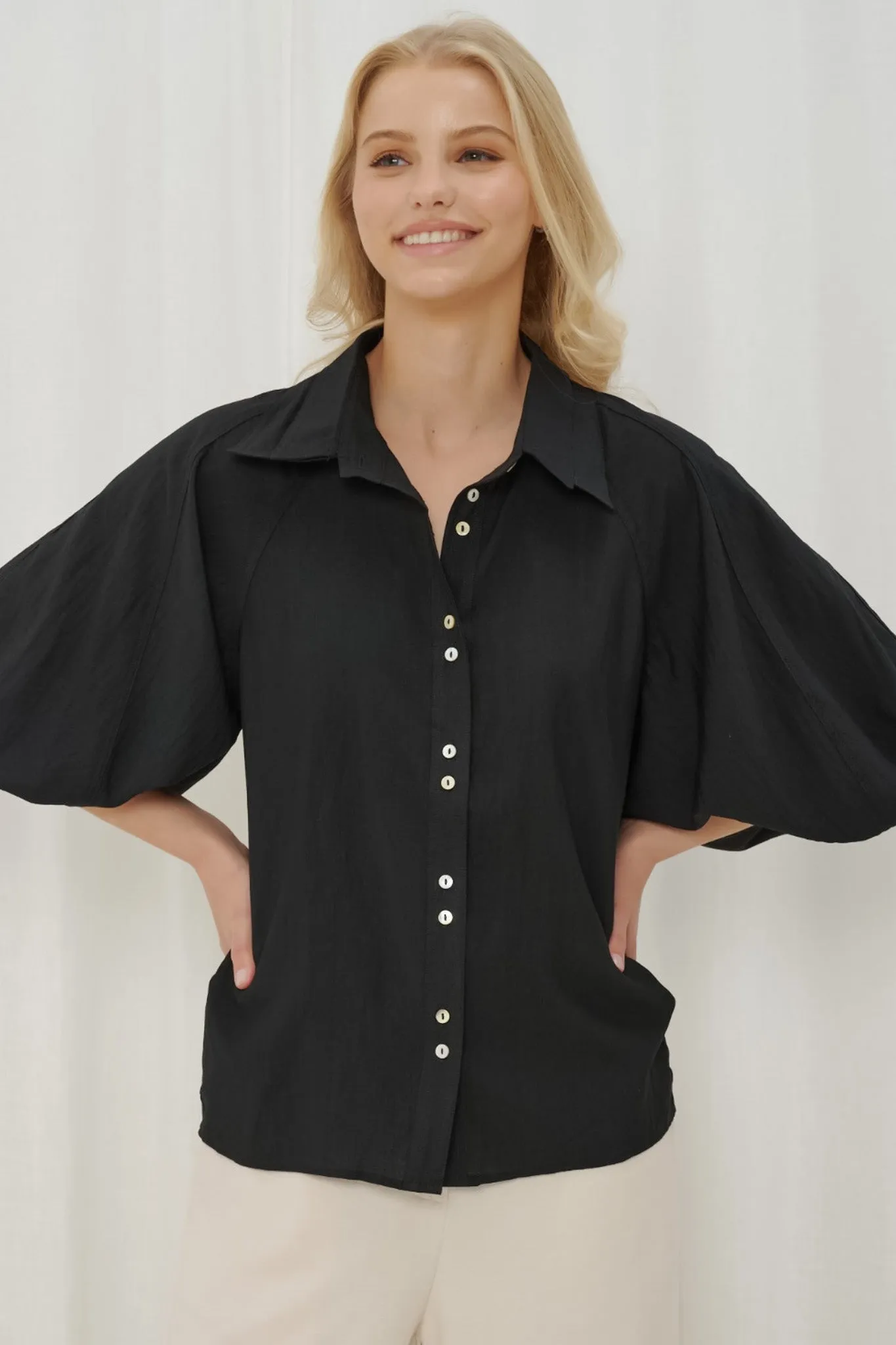 Marina Blouse - Double Folded Collar Oversized Billow Sleeve Button Down in Black sold by Salty Crush product image thumbnail 3