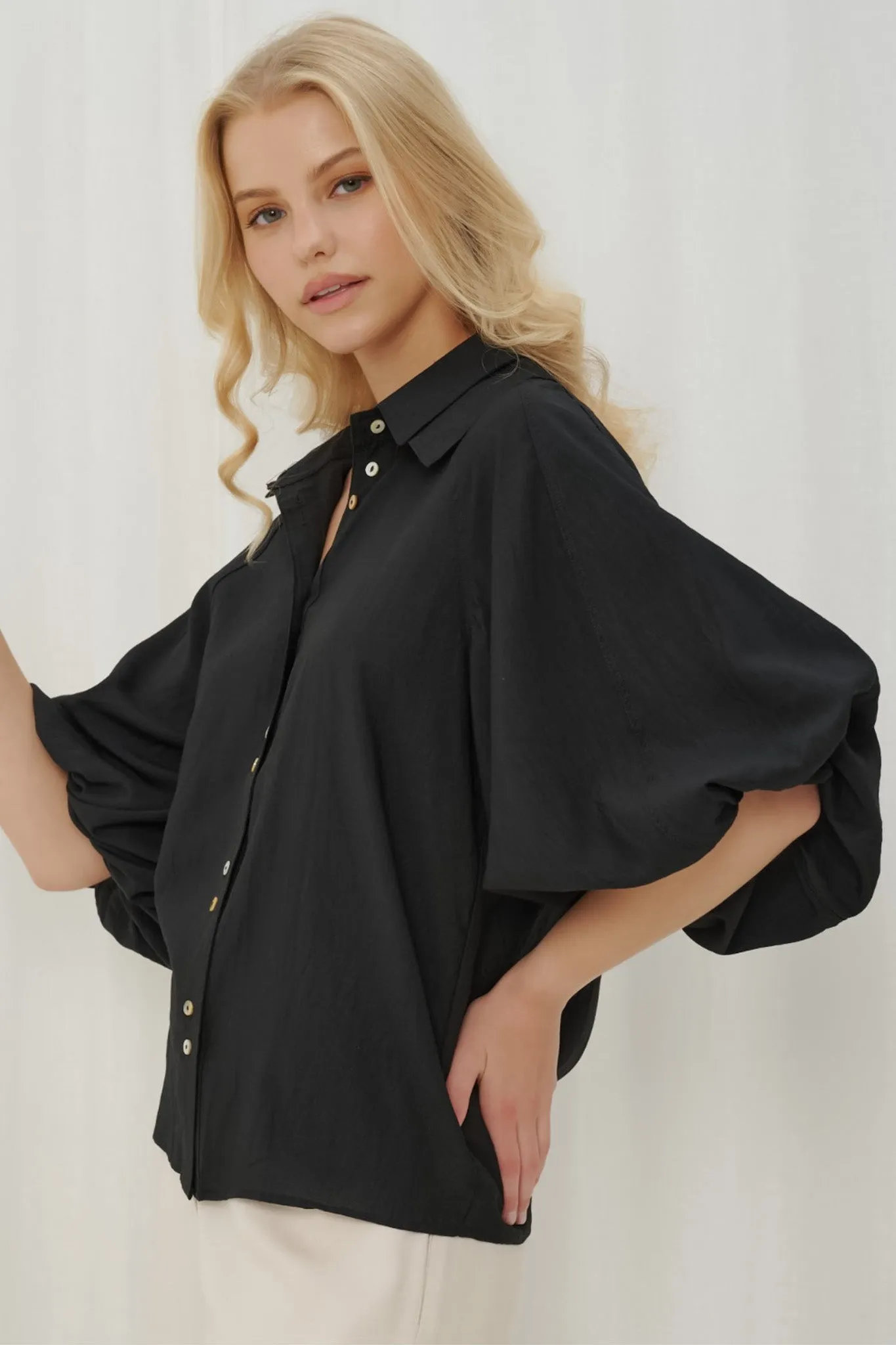 Marina Blouse - Double Folded Collar Oversized Billow Sleeve Button Down in Black sold by Salty Crush product image thumbnail 4