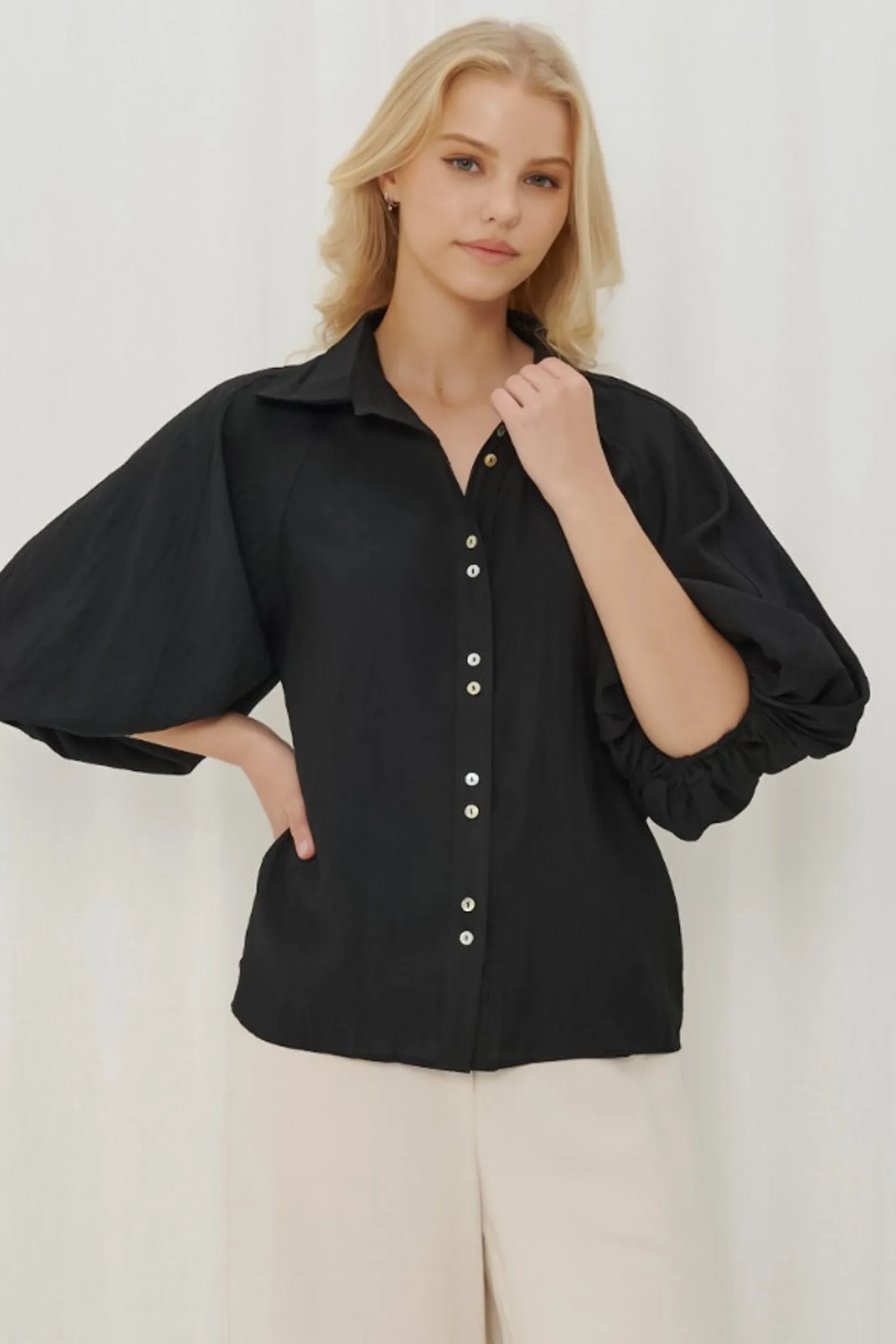 Marina Blouse - Double Folded Collar Oversized Billow Sleeve Button Down in Black sold by Salty Crush