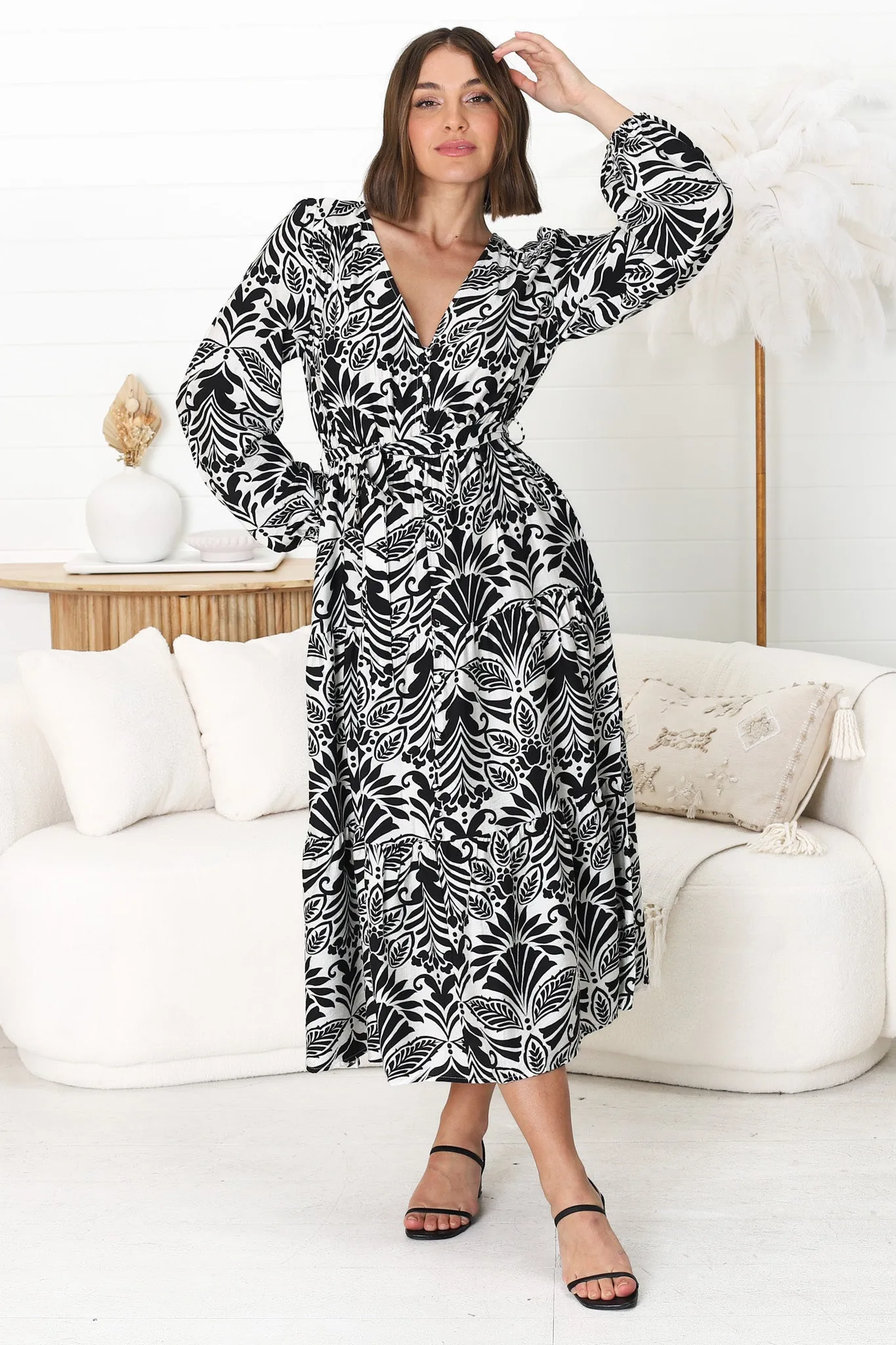 Freya Midi Dress - V Neck A-Line Dress with Balloon Sleeves in Harriette Print Black sold by Salty Crush product image thumbnail 4