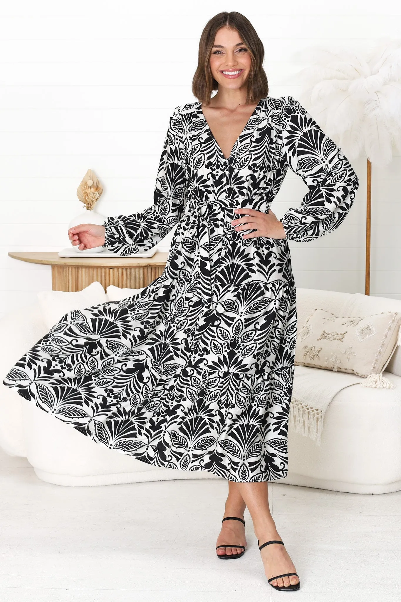 Freya Midi Dress - V Neck A-Line Dress with Balloon Sleeves in Harriette Print Black sold by Salty Crush product image thumbnail 5