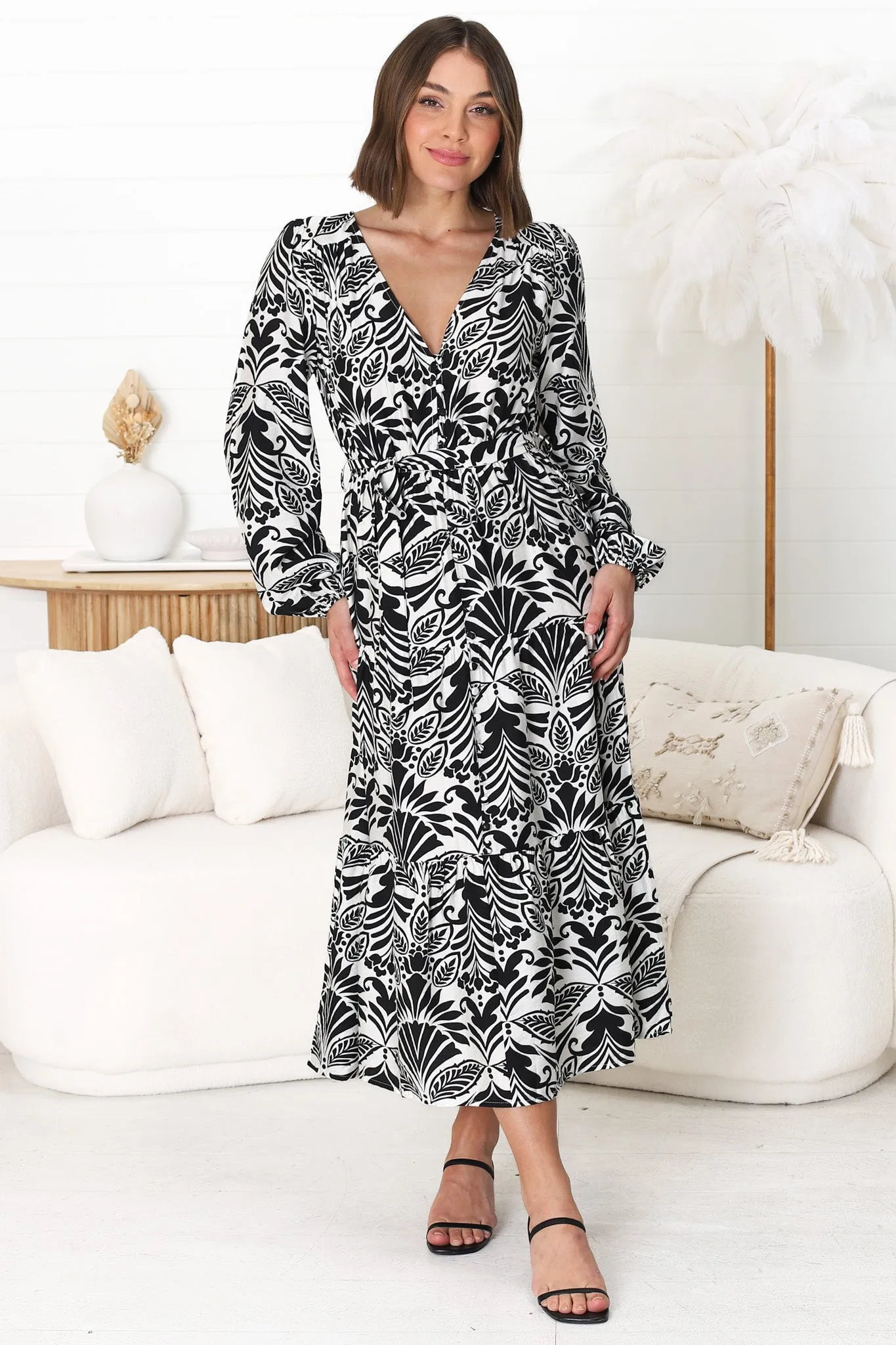 Freya Midi Dress - V Neck A-Line Dress with Balloon Sleeves in Harriette Print Black sold by Salty Crush product image thumbnail 3