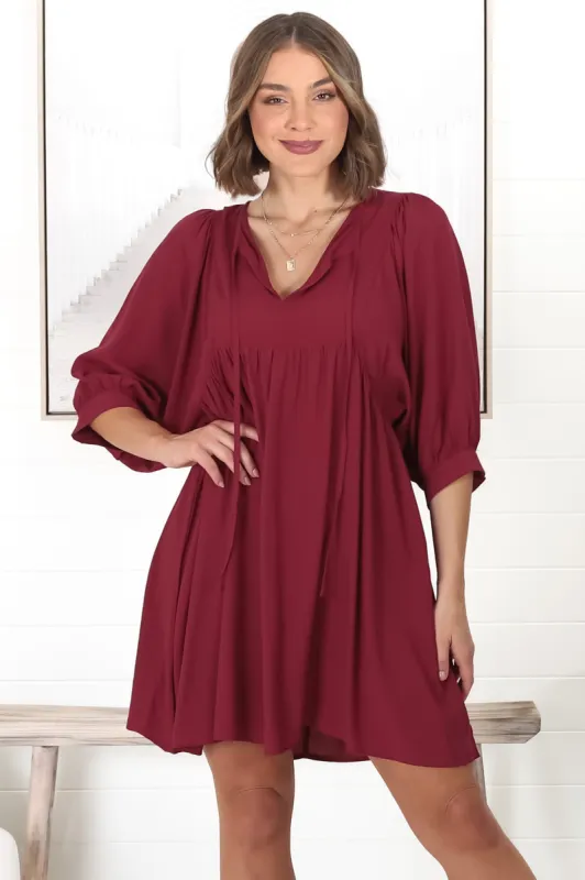 Mariah Mini Dress - V Neck Smock Dress with Batwing Sleeves in Dark Red sold by Salty Crush