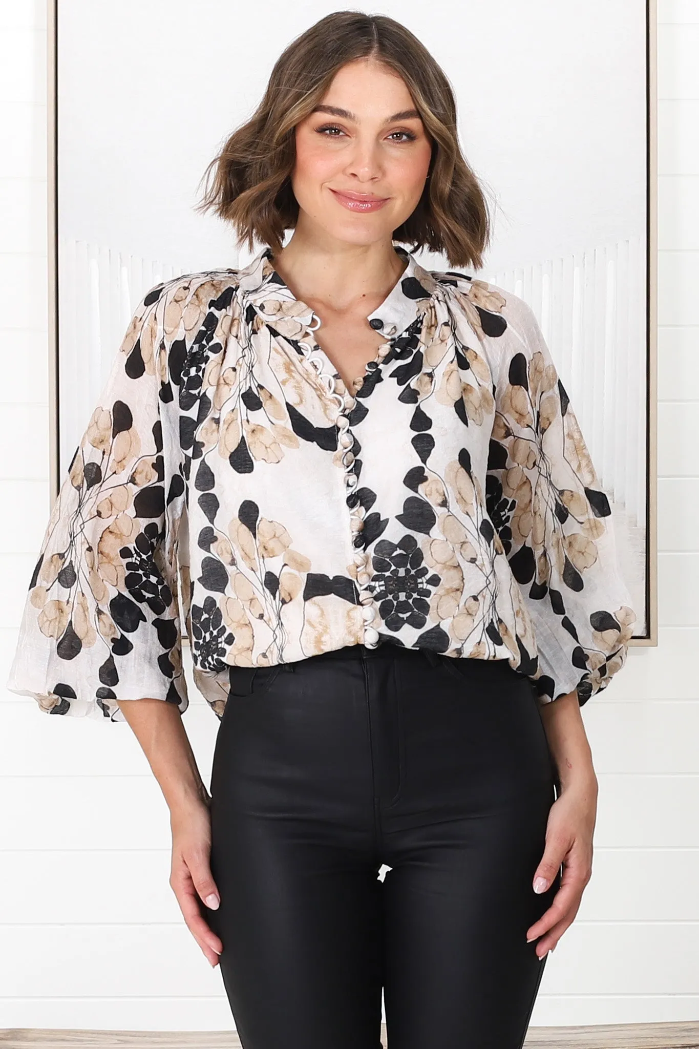 Portia Blouse - Button Down Lace Detail Shirt in Calea Beige Print sold by Salty Crush product image thumbnail 5