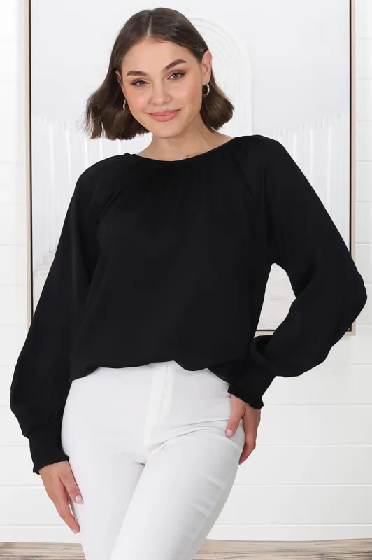Kari Blouse - Pull Over Blouse with Long Balloon Sleeves in Black sold by Salty Crush