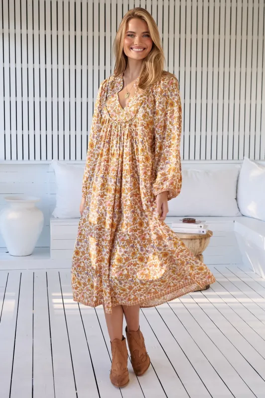 JAASE - Boheme Midi Dress: Piping Defined Bust Slimline Smock Dress in Solara Print sold by Salty Crush