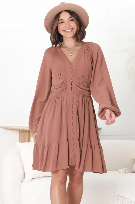 Iris Mini Dress - A Line Gathered Waist Button Down Dress in Dark Blush sold by Salty Crush