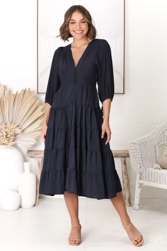Milly Midi Dress - Tiered Button Down 3/4 Sleeve Dress in Navy sold by Salty Crush