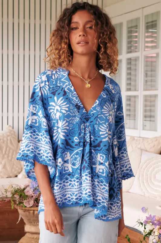 JAASE - Gabriella Top: Mandarin Collar Deep V Neck Crochet Trim Top in Azula Print sold by Salty Crush