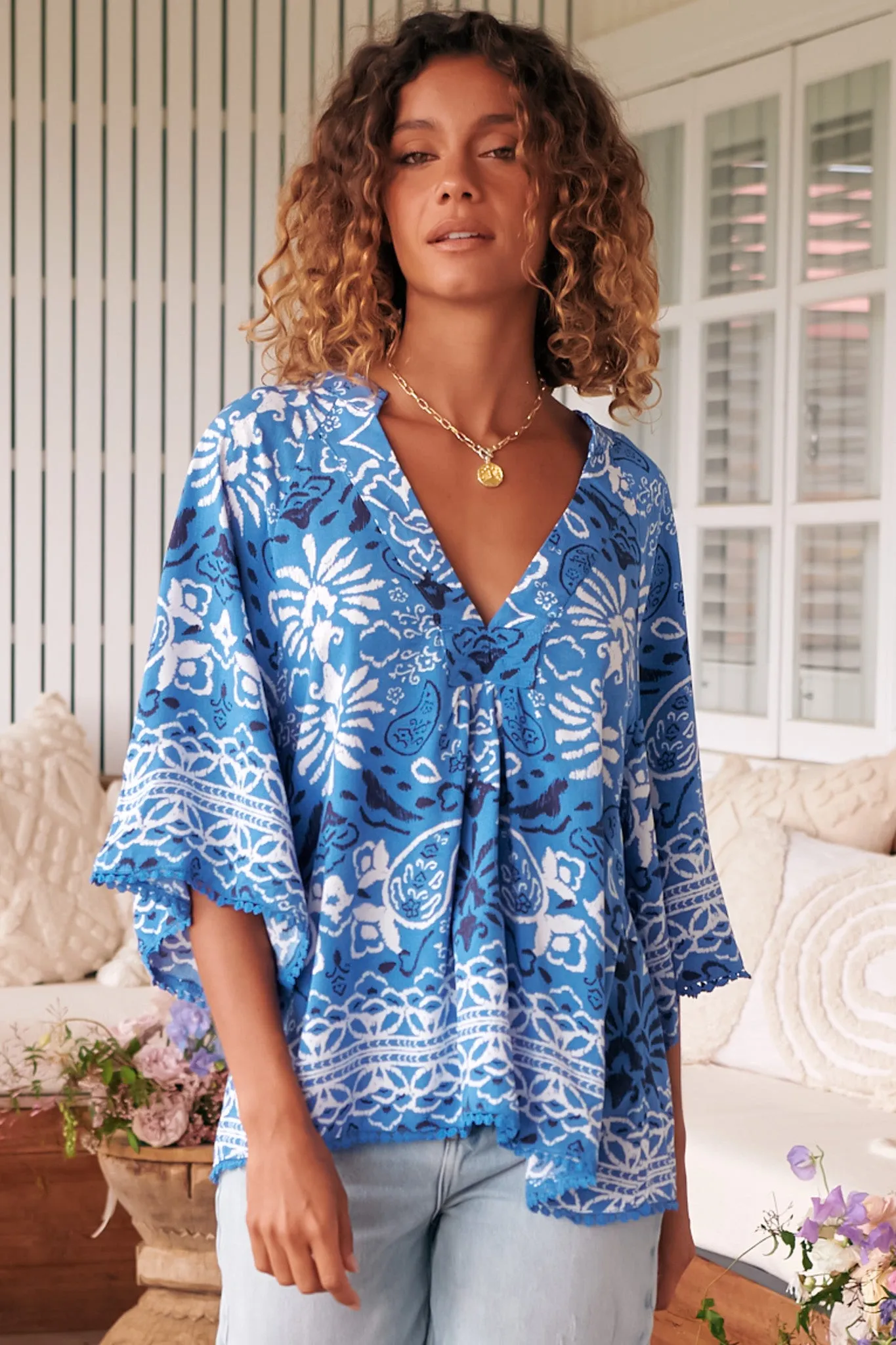 JAASE - Gabriella Top: Mandarin Collar Deep V Neck Crochet Trim Top in Azula Print sold by Salty Crush