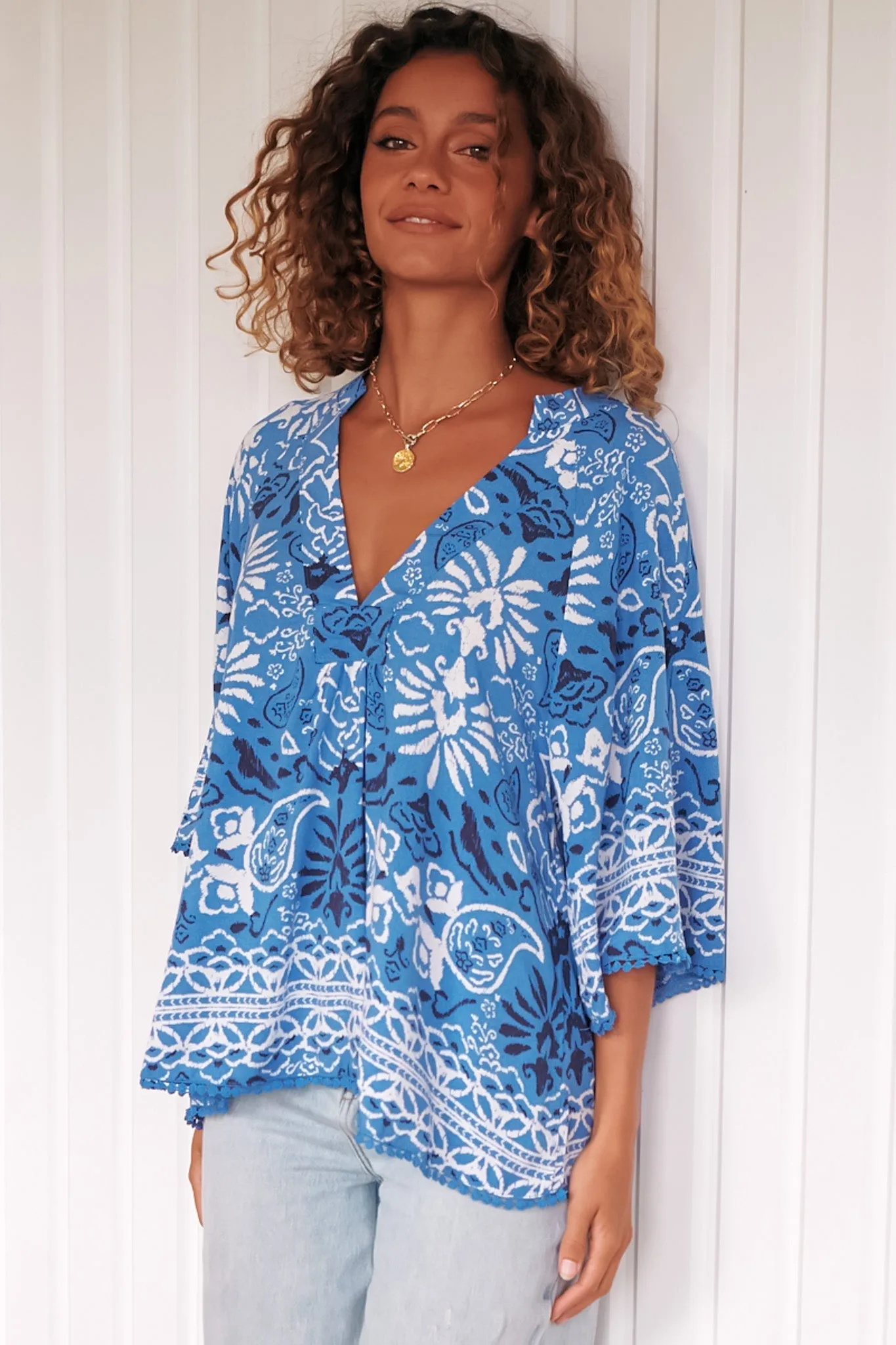 JAASE - Gabriella Top: Mandarin Collar Deep V Neck Crochet Trim Top in Azula Print sold by Salty Crush product image thumbnail 5