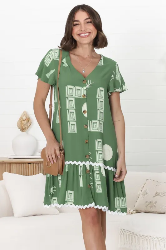 Amaris Mini Dress - V Neck Button Down Dress with Rick Rack Decal Saba Print in Green sold by Salty Crush