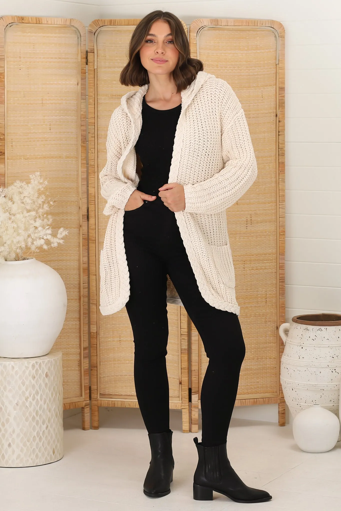 Chase Cardigan - Cable Knit Hooded Cardigan in Beige sold by Salty Crush product image thumbnail 5