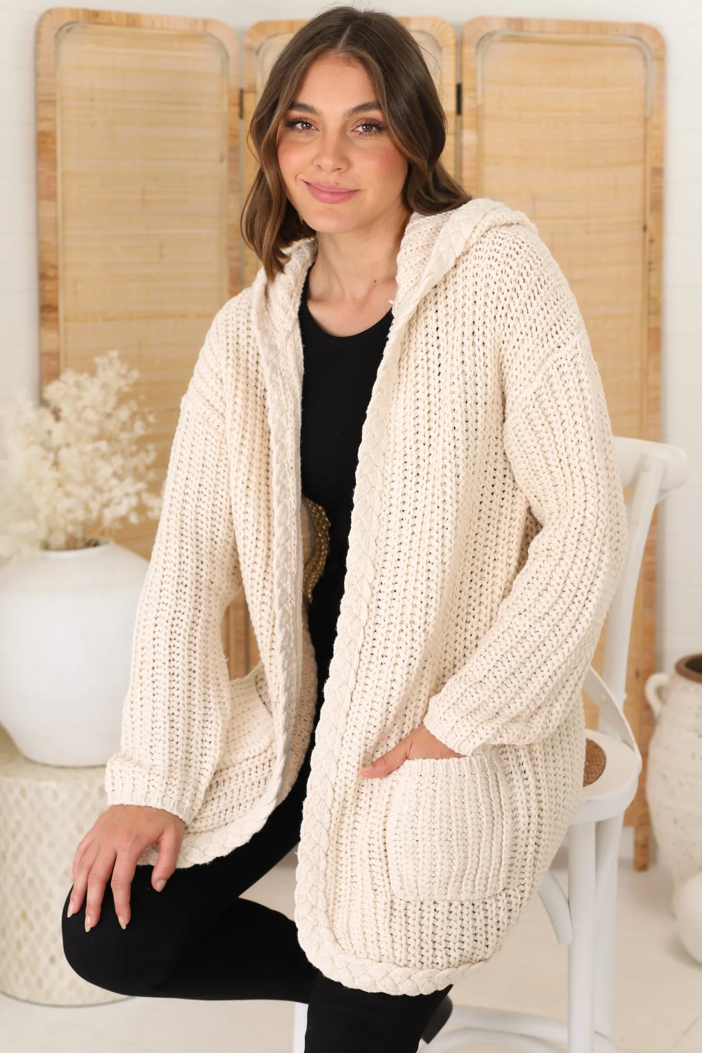 Chase Cardigan - Cable Knit Hooded Cardigan in Beige sold by Salty Crush product image thumbnail 2