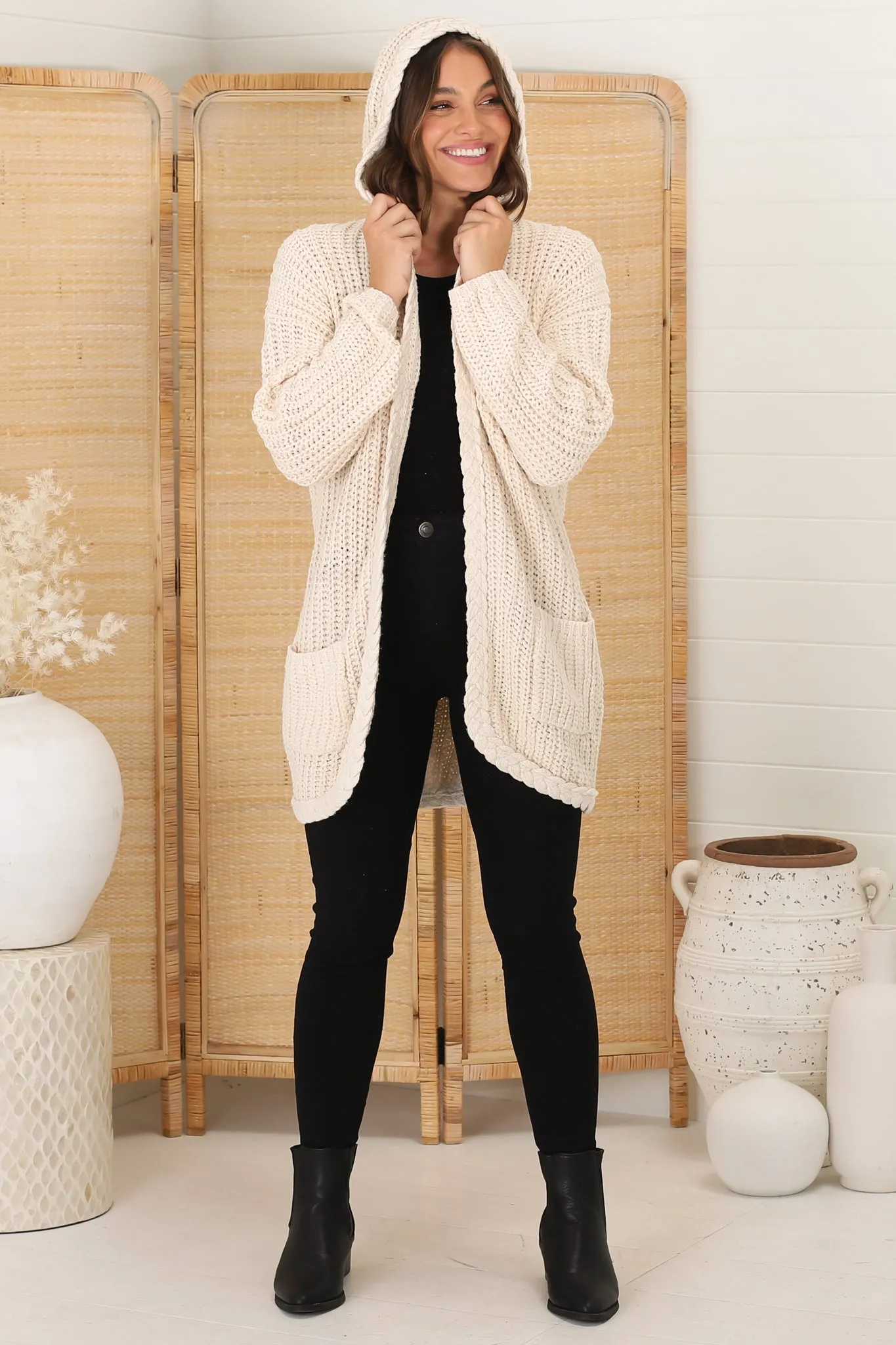 Chase Cardigan - Cable Knit Hooded Cardigan in Beige sold by Salty Crush product image thumbnail 4