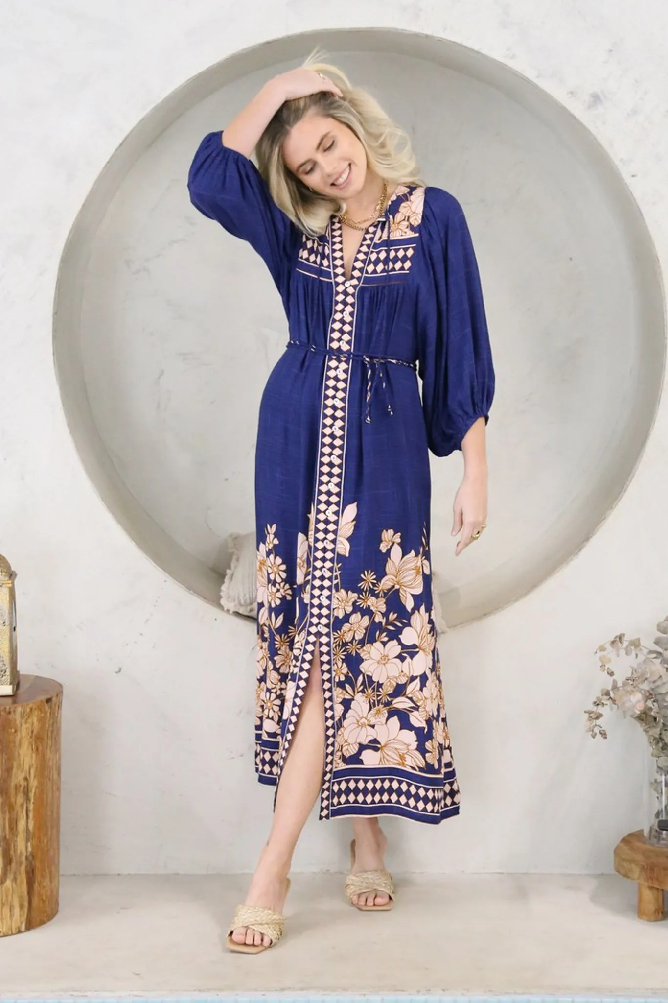 Jayla Midi Dress - Button Down Dress with Belt in Nila Print Navy sold by Salty Crush product image thumbnail 2