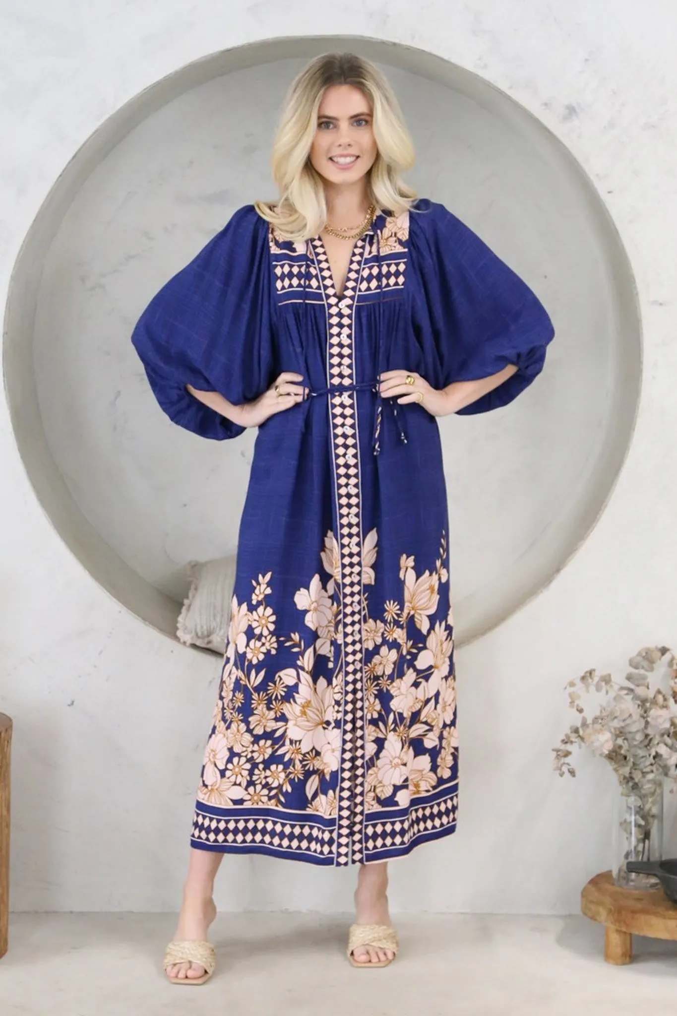 Jayla Midi Dress - Button Down Dress with Belt in Nila Print Navy sold by Salty Crush