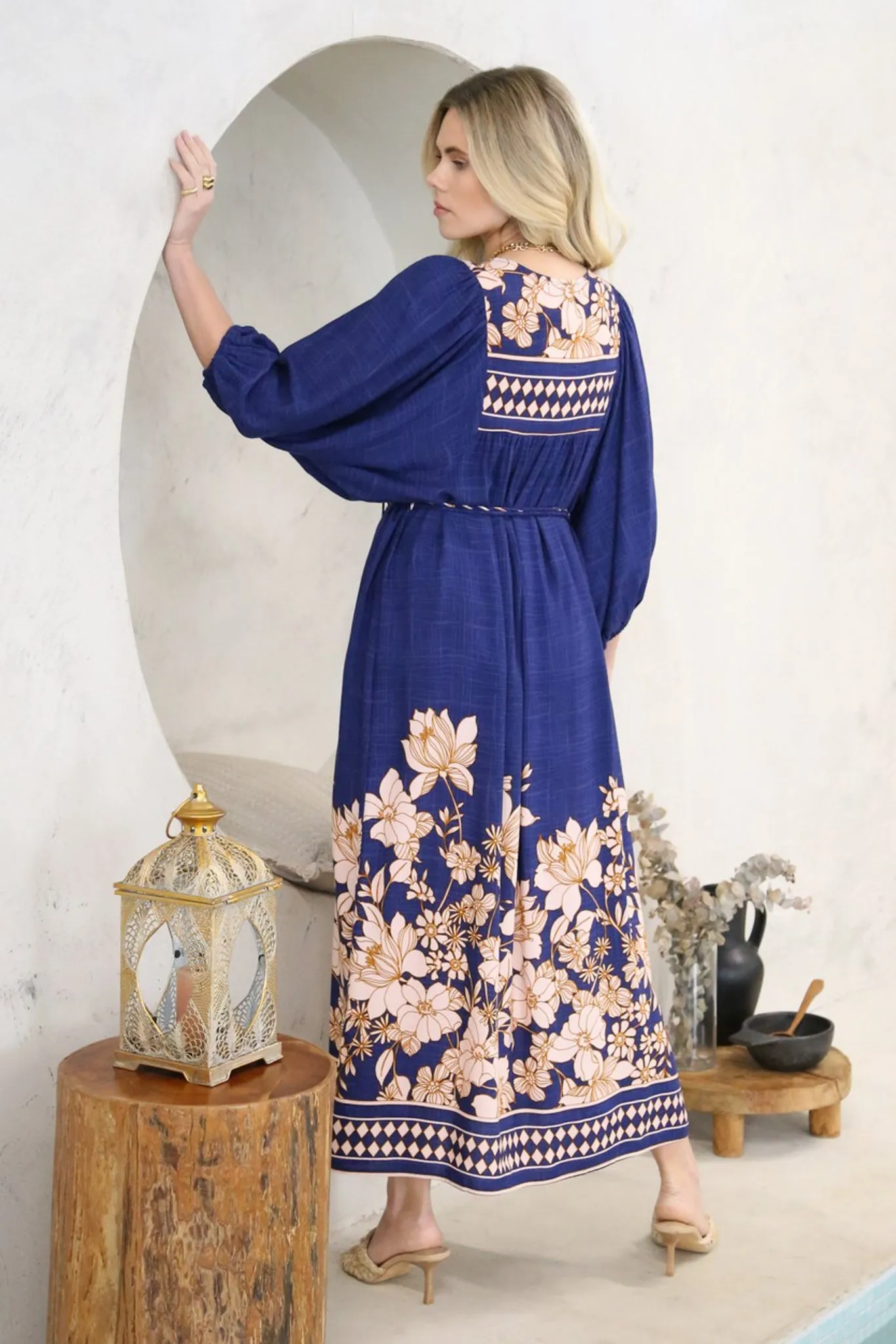 Jayla Midi Dress - Button Down Dress with Belt in Nila Print Navy sold by Salty Crush product image thumbnail 3