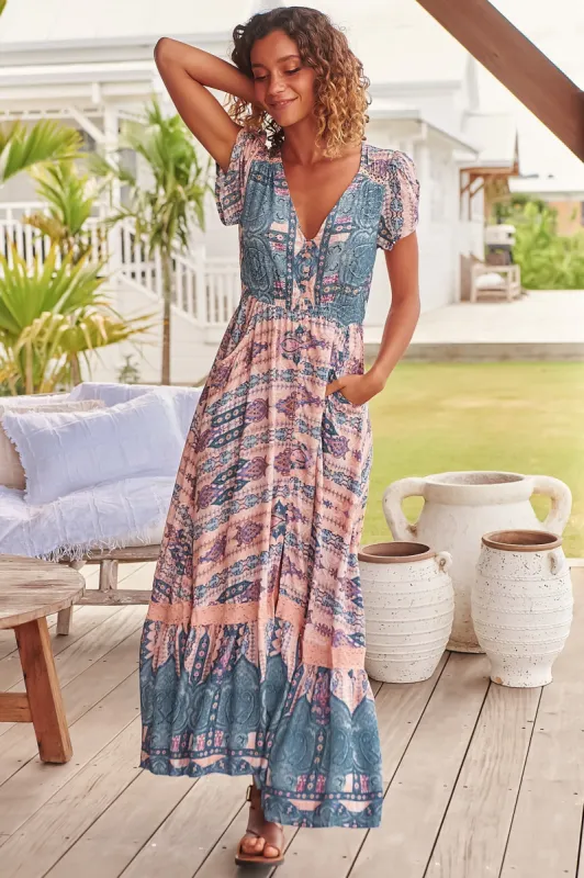 JAASE - Carmen Maxi Dress: Butterfly Cap Sleeve Button Down A Line Dress with Lace Trim in Caribbean Print sold by Salty Crush