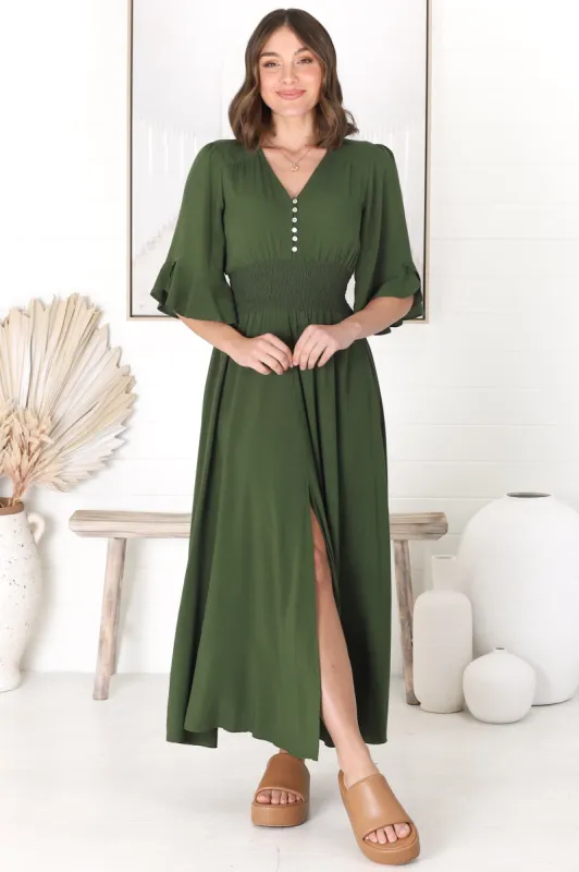 Alba Maxi Dress - Buttoned Bodie A Line Dress With Flute Sleeves In Olive sold by Salty Crush