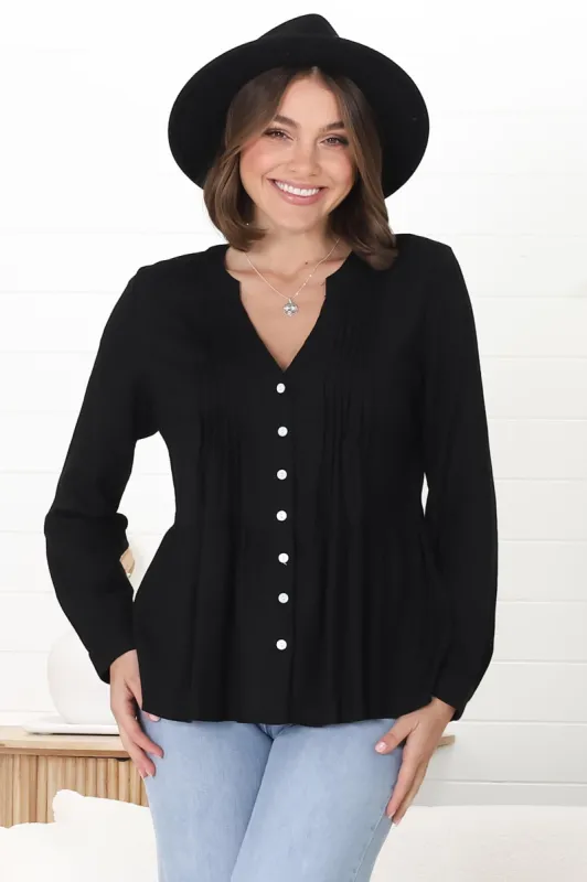 Marjorye Linen Blouse - Pleating Bodice Details Shirt With Long Sleeves In Black sold by Salty Crush