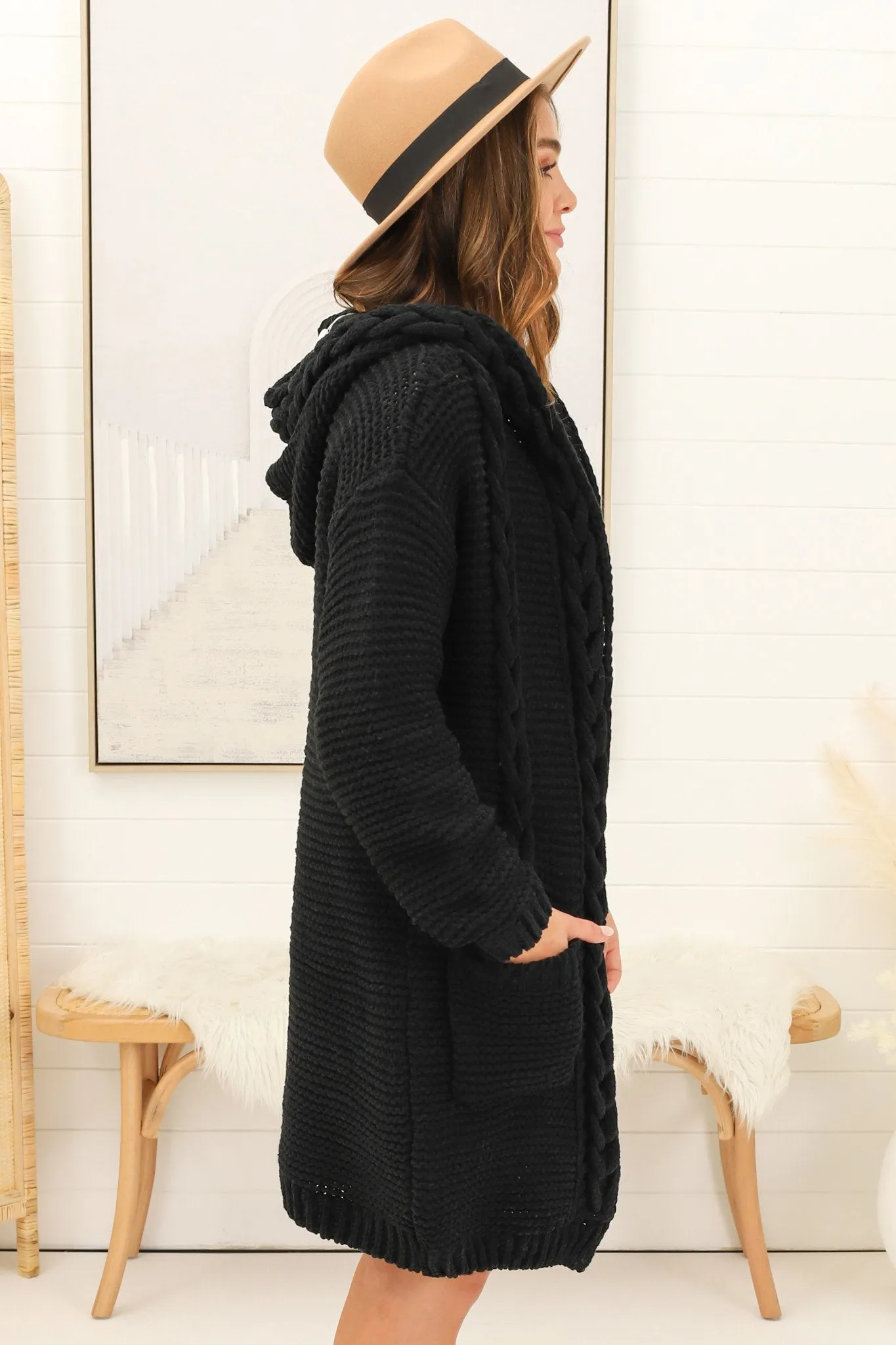 Toolara Cardigan - Thick Cable Knit Hooded Cardigan with Pocket in Black sold by Salty Crush product image thumbnail 4
