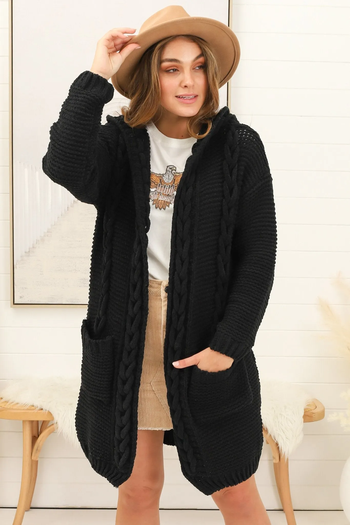 Toolara Cardigan - Thick Cable Knit Hooded Cardigan with Pocket in Black sold by Salty Crush product image thumbnail 2