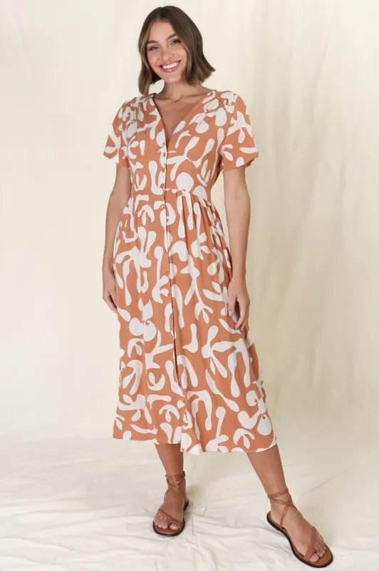 Anais Midi Dress - Cap Flutter Sleeve Button Down A Line Dress in Jaxie Print Rust sold by Salty Crush